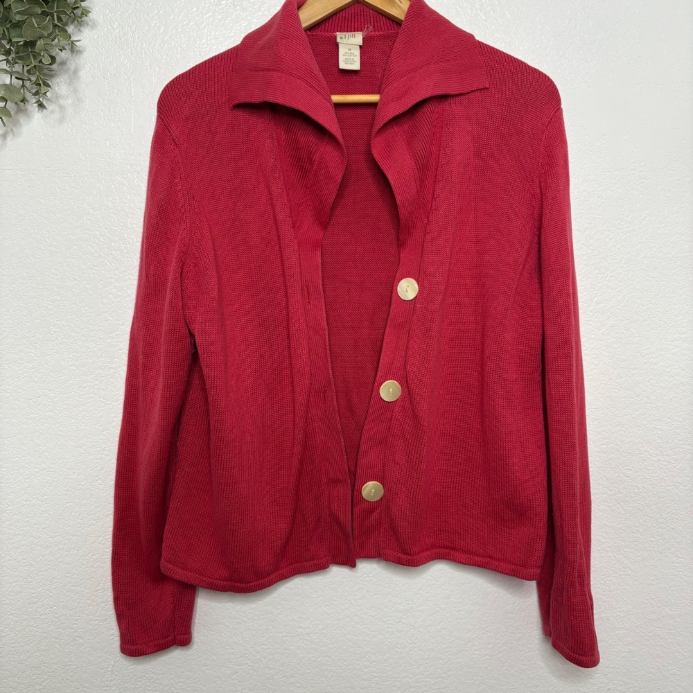 J. Jill Raspberry Red Silk Cotton Blend Collared Button Front Cardigan Sweater M - Picture 2 of 6